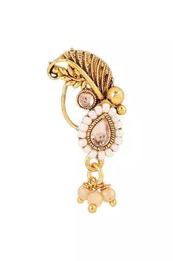 Stylish marathi style white colour pearl and stone nath