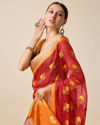 Red Zari Woven Cotton silk blend Saree Looks 3