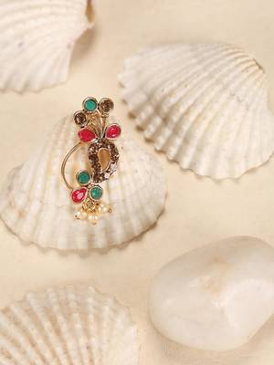 Stylish marathi style red & green colour pearl and stone nath 2