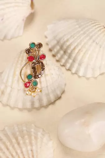 Stylish marathi style red & green colour pearl and stone nath