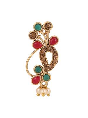 Stylish marathi style red & green colour pearl and stone nath 3