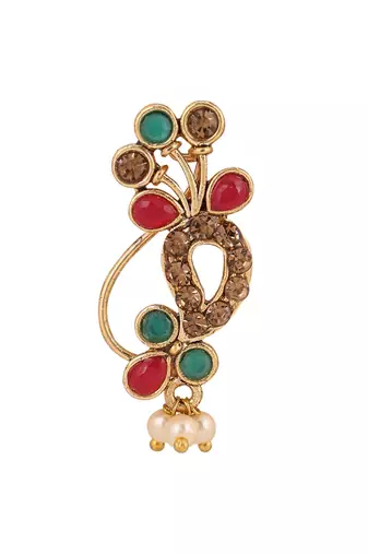Stylish marathi style red & green colour pearl and stone nath
