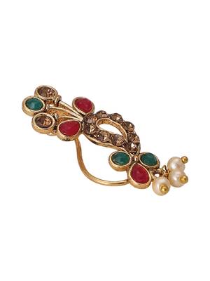 Stylish marathi style red & green colour pearl and stone nath 4