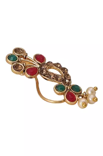 Stylish marathi style red & green colour pearl and stone nath