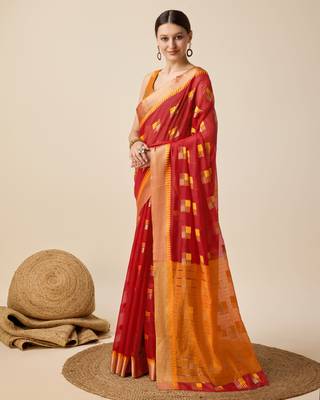Red Zari Woven Cotton silk blend Saree Looks 5