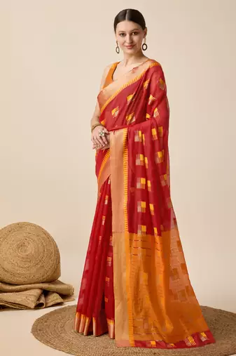 Red Zari Woven Cotton silk blend Saree Looks