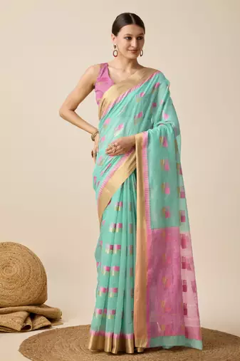 Sky Blue Zari Woven Cotton Silk Saree For Designer Looks