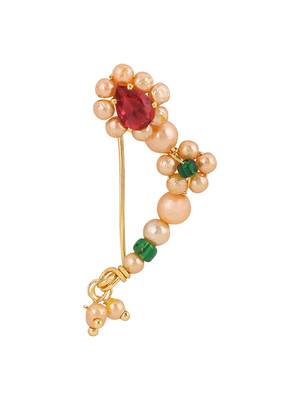 Red & green colour pearl and stone nath stylish marathi style 3