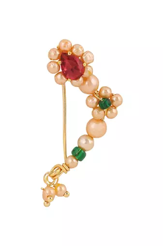 Red & green colour pearl and stone nath stylish marathi style