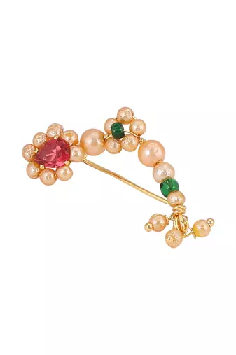 Red & green colour pearl and stone nath stylish marathi style