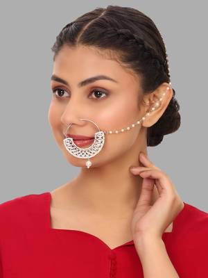 White traditional gold plated circular stone studded with chain floral nose ring 1