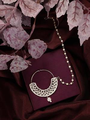 White traditional gold plated circular stone studded with chain floral nose ring 2