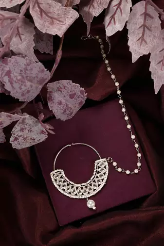 White traditional gold plated circular stone studded with chain floral nose ring