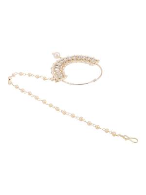 White traditional gold plated circular stone studded with chain floral nose ring 3