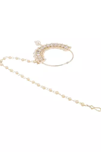 White traditional gold plated circular stone studded with chain floral nose ring