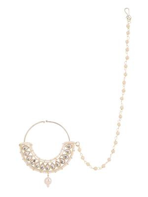 White traditional gold plated circular stone studded with chain floral nose ring 4