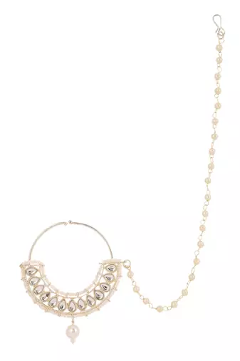 White traditional gold plated circular stone studded with chain floral nose ring