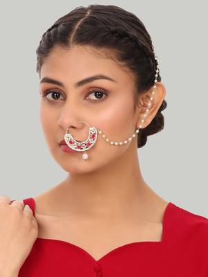 Red traditional gold plated circular stone studded with chain floral nose ring 1