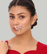 Red traditional gold plated circular stone studded with chain floral nose ring