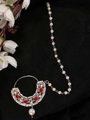 Red traditional gold plated circular stone studded with chain floral nose ring 2