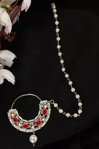 Red traditional gold plated circular stone studded with chain floral nose ring