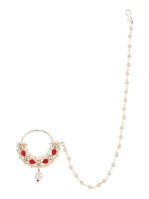 Red traditional gold plated circular stone studded with chain floral nose ring 3