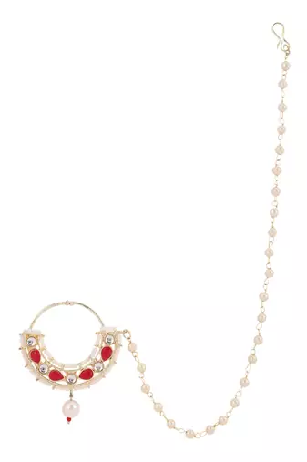 Red traditional gold plated circular stone studded with chain floral nose ring