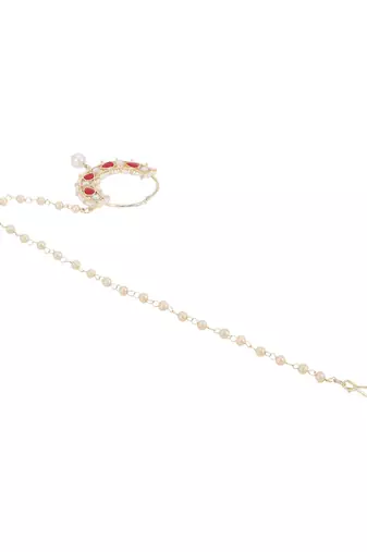 Red traditional gold plated circular stone studded with chain floral nose ring