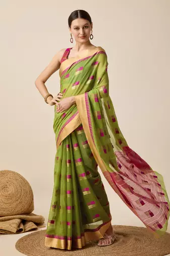 Mahendi Zari Woven Cotton silk blend Saree Looks
