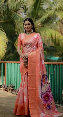 Orange Dola silk blend Woven Saree With Flower Digital Printed Girlish Looks 1