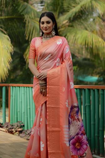 Orange Dola Silk Woven Designer Saree With Flower Digital Printed Girlish Looks