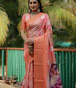 Orange Dola Silk Woven Saree With Flower Digital Printed Girlish Looks