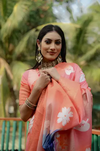 Orange Dola silk blend Woven Saree With Flower Digital Printed Girlish Looks