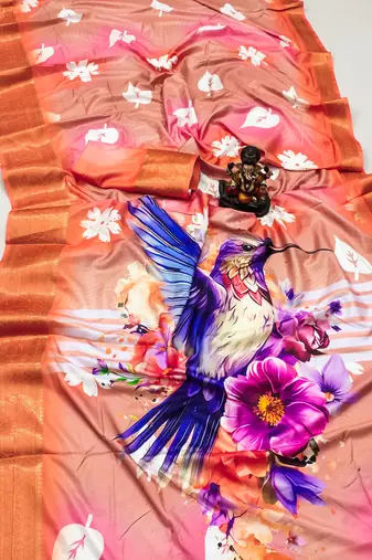 Orange Dola silk blend Woven Saree With Flower Digital Printed Girlish Looks