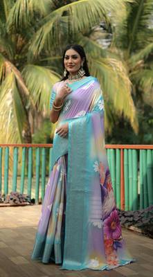 Blue Dola silk blend Woven Saree With Flower Digital Printed Girlish Looks 1
