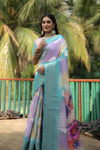 Blue Dola Silk Woven Designer Saree With Flower Digital Printed Girlish Looks