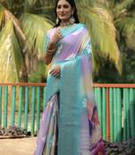 Blue Dola Silk Woven Saree With Flower Digital Printed Girlish Looks