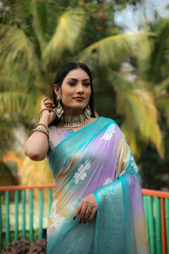 Blue Dola silk blend Woven Saree With Flower Digital Printed Girlish Looks