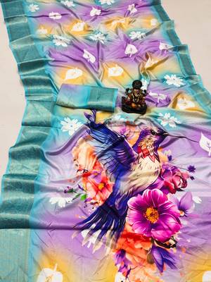 Blue Dola silk blend Woven Saree With Flower Digital Printed Girlish Looks 3