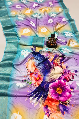 Blue Dola silk blend Woven Saree With Flower Digital Printed Girlish Looks