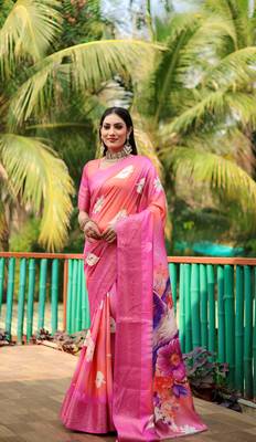 Pink Dola silk blend Woven Saree With Flower Digital Printed Girlish Looks 1
