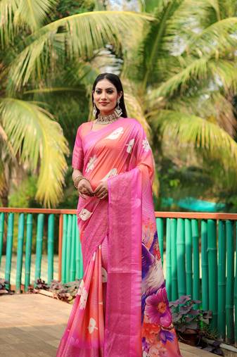 Pink Dola Silk Woven Designer Saree With Flower Digital Printed Girlish Looks