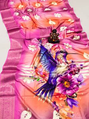 Pink Dola silk blend Woven Saree With Flower Digital Printed Girlish Looks 3