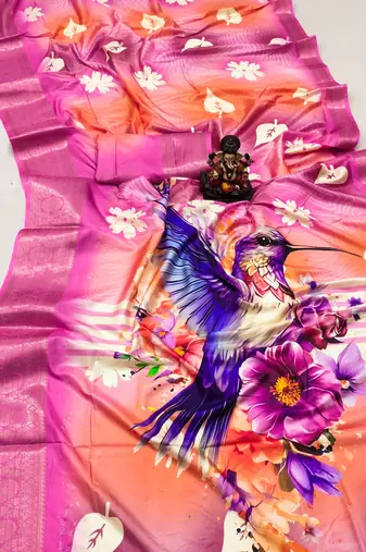 Pink Dola silk blend Woven Saree With Flower Digital Printed Girlish Looks
