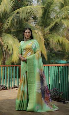 Green Dola silk blend Woven Saree With Flower Digital Printed Girlish Looks 1