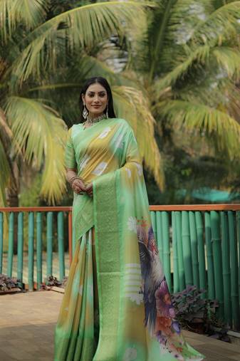 Green Dola Silk Woven Designer Saree With Flower Digital Printed Girlish Looks