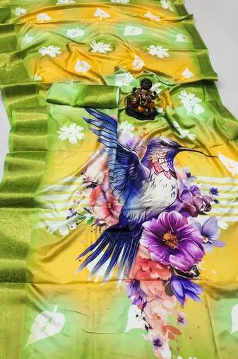 Green Dola silk blend Woven Saree With Flower Digital Printed Girlish Looks