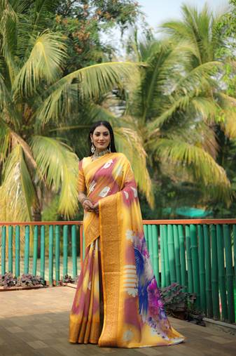 Yellow Dola Silk Woven Designer Saree With Flower Digital Printed Girlish Looks