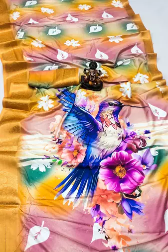 Yellow Dola silk blend Woven Saree With Flower Digital Printed Girlish Looks