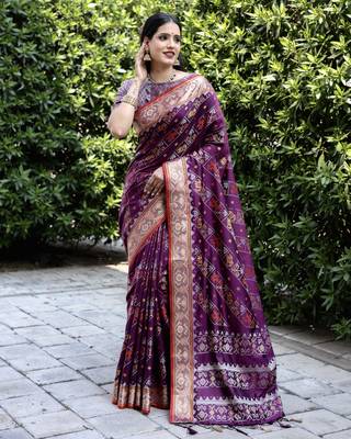 Ethnic And Stylish Purple Ikkat Patola Woven Silk Blend Saree For Party Looks 1